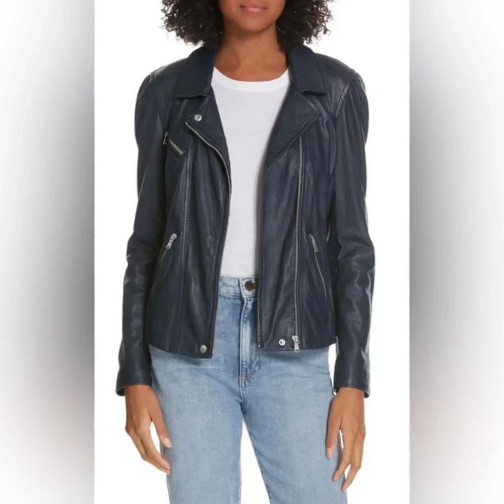 Rebecca Taylor Blue Moto Genuine Leather Jacket Full Zip Long Sleeve Size 2
